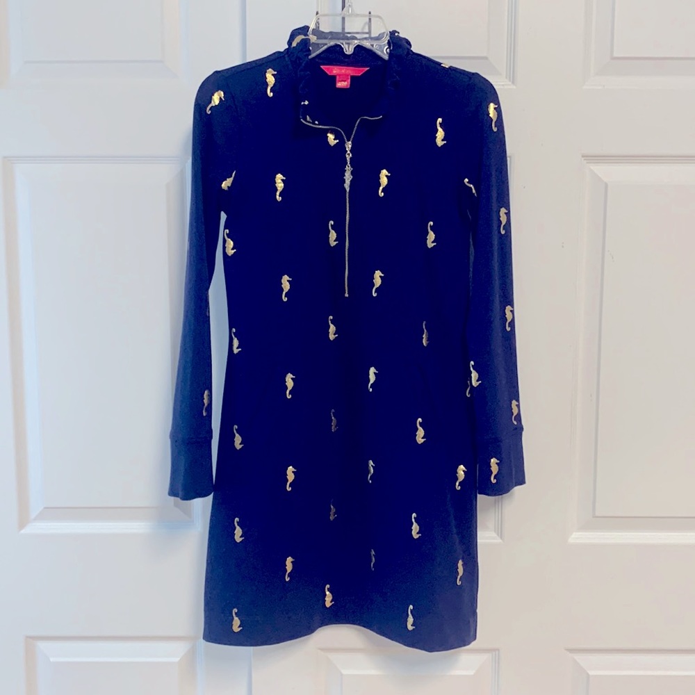 Lilly Pulitzer UPF 50+ skipper ruffle dress, true navy metallic seahorses. NWOT